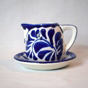 Vintage Anfore Blue and White Small Creamer And Saucer Set  Mexico Made